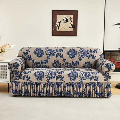 1pc Blue Four Seasons Versatile Fiber Sofa Covers. Exquisite Printed Skirt Design, High Elasticity Material, Fits Snugly Onto The Sofa, Paired with Anti-Slip Fixing Rods to Stabilize And Prevent Movement, Keeping The Sofa Neat And Beautiful
