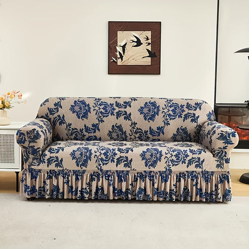 1pc Blue Four Seasons Versatile Fiber Sofa Covers. Exquisite Printed Skirt Design, High Elasticity Material, Fits Snugly Onto The Sofa, Paired with Anti-Slip Fixing Rods to Stabilize And Prevent Movement, Keeping The Sofa Neat And Beautiful