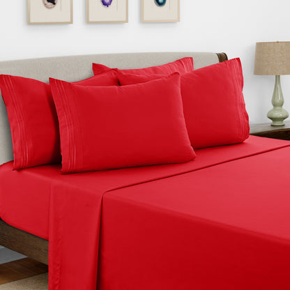 Lux Decor 6 Pieces Solid Bed Sheets Set - Modern Soft Comfortable Bedding Set, Hotel Luxury Skin Friendly Cooling Sheets & Embroidered Pillowcases Without Filler - All Seasons Bed Sheet with 16 Inches deep Pocket, Breathable Skin Friendly & Cooling Sheets