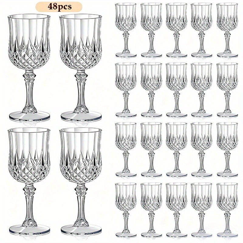 48pcs Vintage Wedding Wine Glasses - 7Oz/210Ml Shatterproof Plastic Crystal Crystal Champagne Goblets, Elegant Tableware, Stackable, Drink Cups, Party Cups, Classic Goblets, Reusable, Suitable for Weddings, Parties, Daily Use, Christmas, Halloween