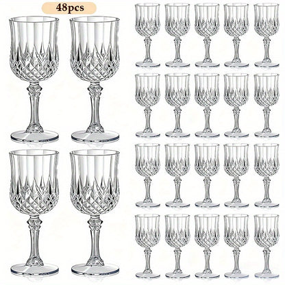 48pcs Vintage Wedding Wine Glasses - 7Oz/210Ml Shatterproof Plastic Crystal Crystal Champagne Goblets, Elegant Tableware, Stackable, Drink Cups, Party Cups, Classic Goblets, Reusable, Suitable for Weddings, Parties, Daily Use, Christmas, Halloween