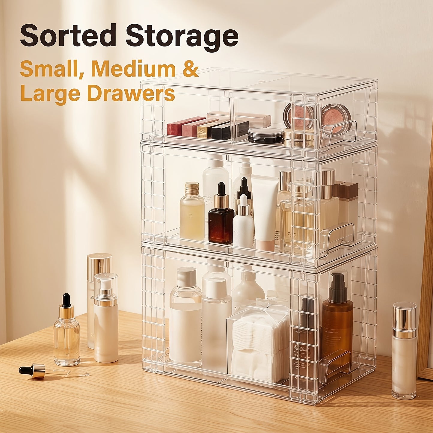 Clear Stackable Storage Bins with Lids & Handles 3 or 4-Piece Set | Plastic Organizer Drawers for Under Sink Pantry Cabinet Closet | Kitchen & Bathroom Storage for Cosmetics Cleaning Supplies Food