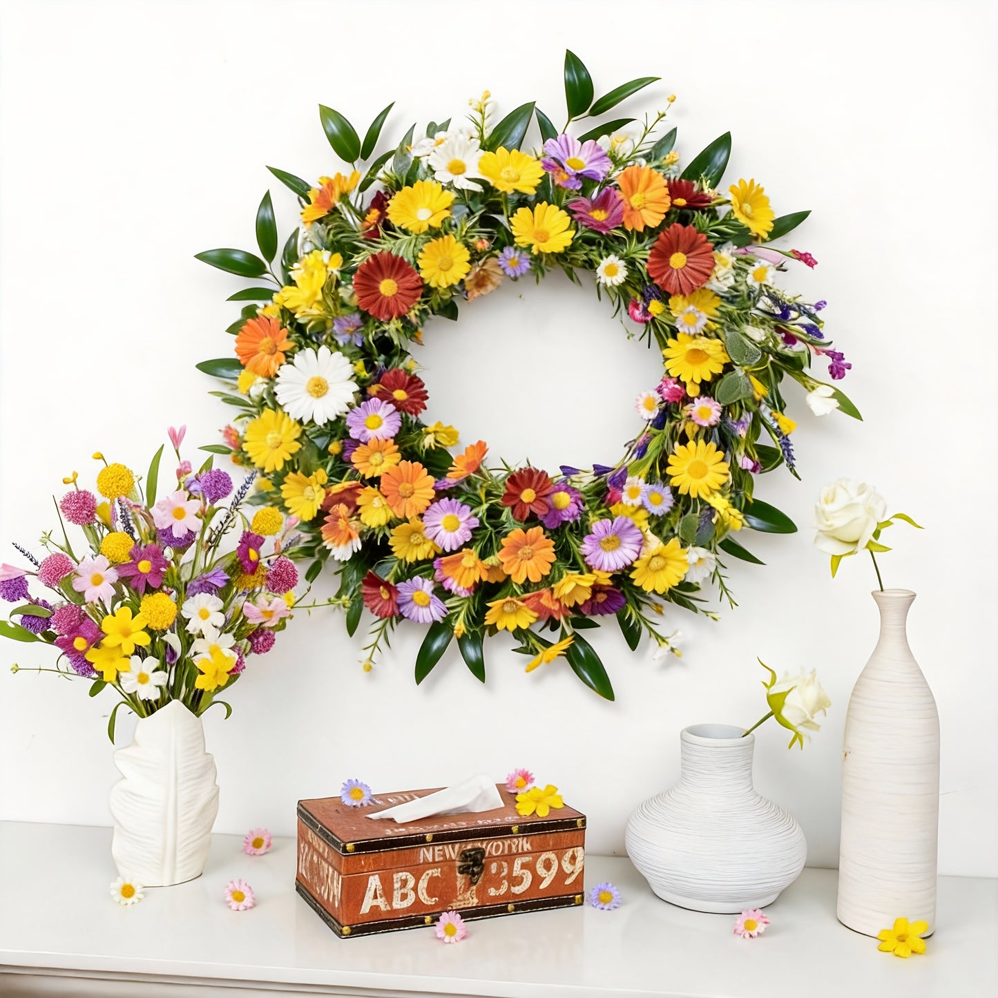 Spring Wreaths for Front Door 20 Inch Artificial Summer Wreath Daisy And Lavender Wreath with Wildflowers for Home Wall Farmhouse Springtime Easter Holiday Party