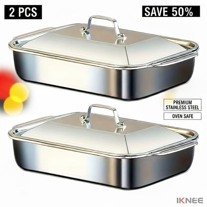 4-piece Set: 2 Deep Pans and 2 Lidded Pans with Handles, Stainless Steel Rectangular Baking Pans with Steel Lids - 6-liter Large Capacity, 16.14-inch Deep Baking Pan, Fish Pan, Roasting Pan, Lasagna Pan, Chicken, Dishwasher Safe, Gift for Men