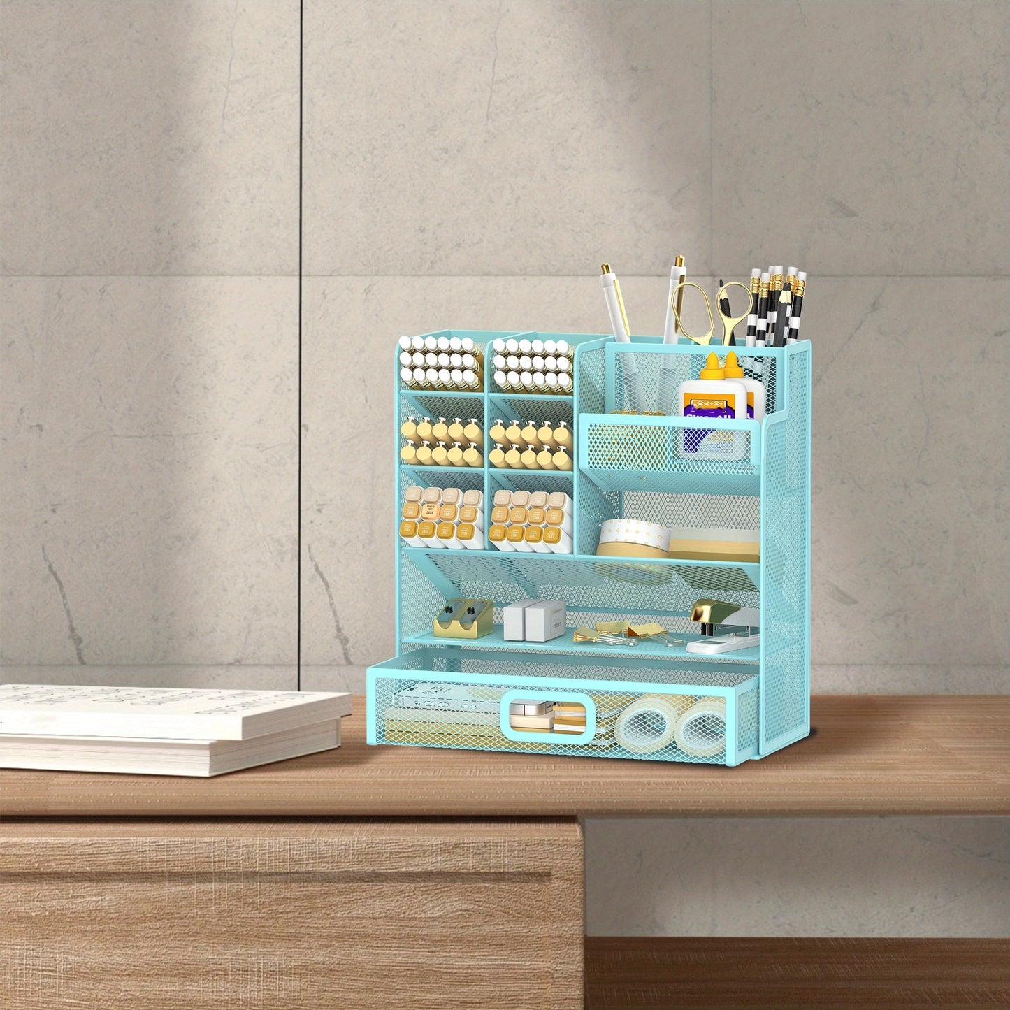 SUPEASY Desk Organizer With Drawer, Multifunctional Mesh Desk Pen Organizer, Desk Organizer With Pen Holder And Accessories For Office And Art Supplies