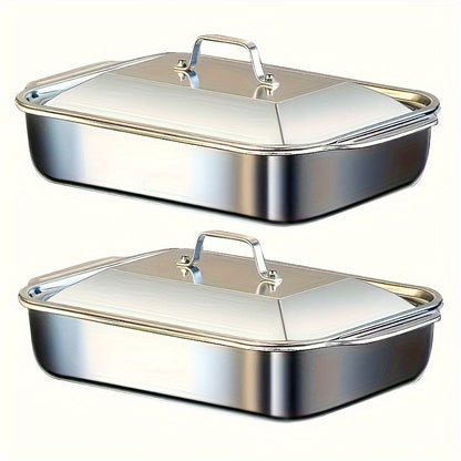 4-piece Set: 2 Deep Pans and 2 Lidded Pans with Handles, Stainless Steel Rectangular Baking Pans with Steel Lids - 6-liter Large Capacity, 16.14-inch Deep Baking Pan, Fish Pan, Roasting Pan, Lasagna Pan, Chicken, Dishwasher Safe, Gift for Men