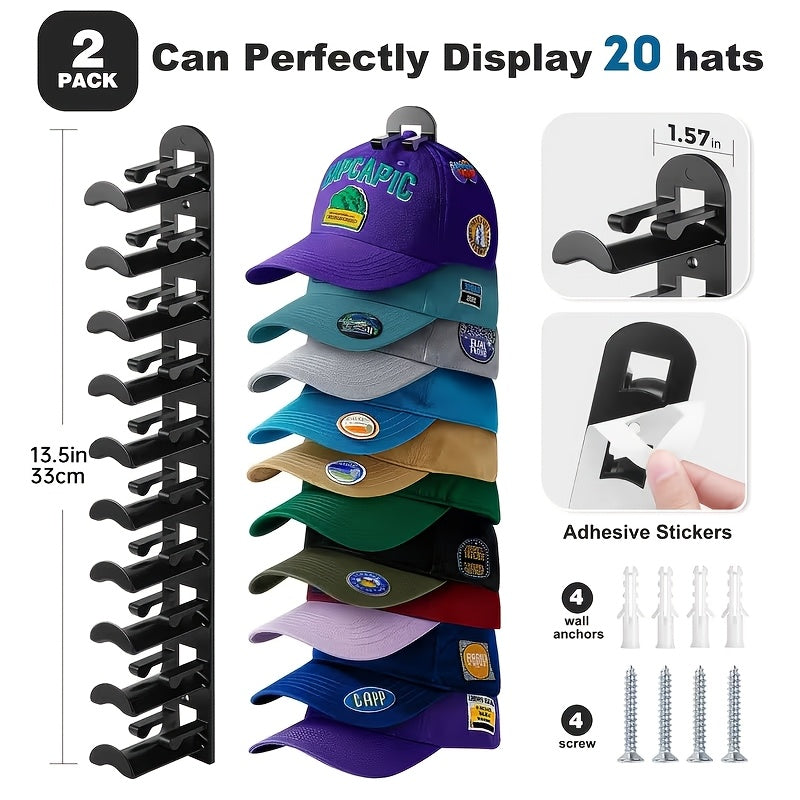 Wall Mounted Hat Rack for Baseball Caps – Adhesive or Drill Mount, Holds 20 Hats, Multilayer Storage, 2pcs