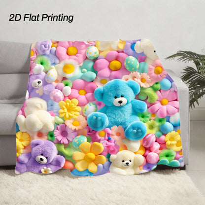 Bear Print Flannel Throw Blanket - Cute Soft Plush 2D Flat Printed Cozy Bedspread for Sofa Bed Camping Travel, Adorable Animal Pattern Gift Blanket Multi-Color