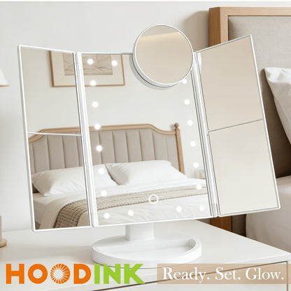 LED Tri-Fold Makeup Mirror with Touch Screen – 1X/2X/3X/10X Magnifying Vanity Mirror, Flexible Adjustable Base, Lighted Travel Mirror for Makeup Desk, Bedroom & Bathroom | Gift for Women