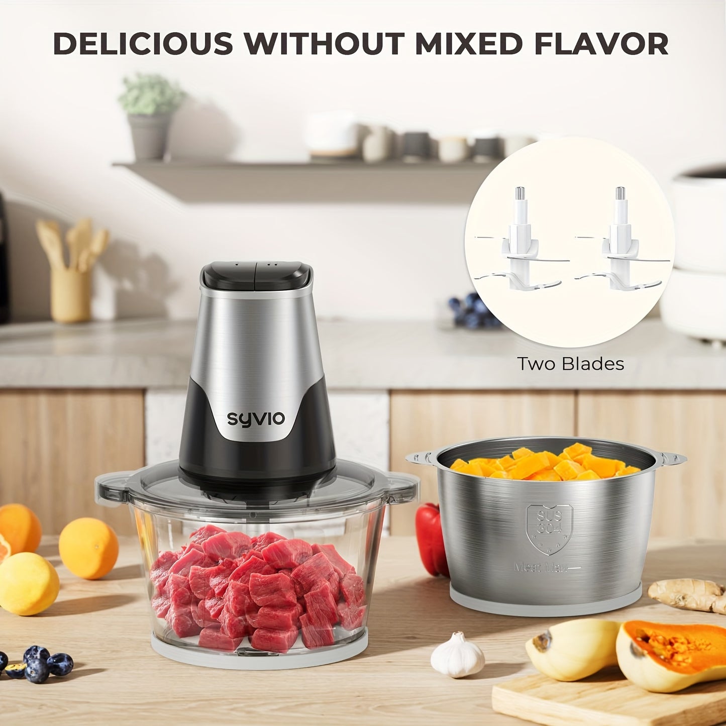 Syvio 450W Food Processors with 2 Bowls, Meat Grinder 4 Bi-Level Blades, Mini Electric Food Chopper, for Baby Food, Meat, Onion, Vegetables Chopper, 2 Speed, Christmas Gifts