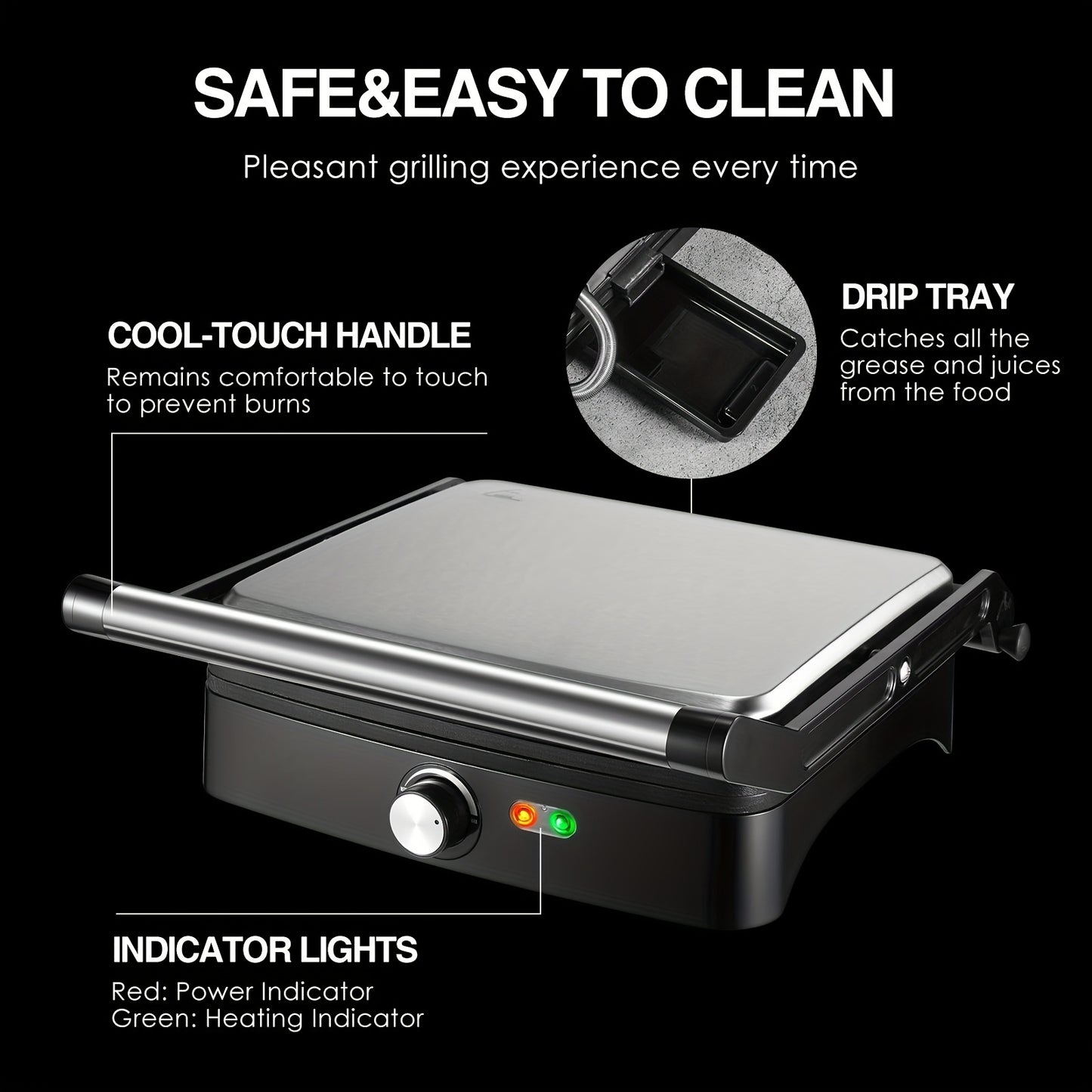 1200W Panini Press And Sandwich Maker, Versatile Non-Stick Grill for 4 Slices with Adjustable Temperature, 180° Opening for Bigger Items, Removable Drip Tray, Suitable for Indoor Use