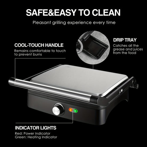1200W Panini Press And Sandwich Maker, Versatile Non-Stick Grill for 4 Slices with Adjustable Temperature, 180° Opening for Bigger Items, Removable Drip Tray, Suitable for Indoor Use