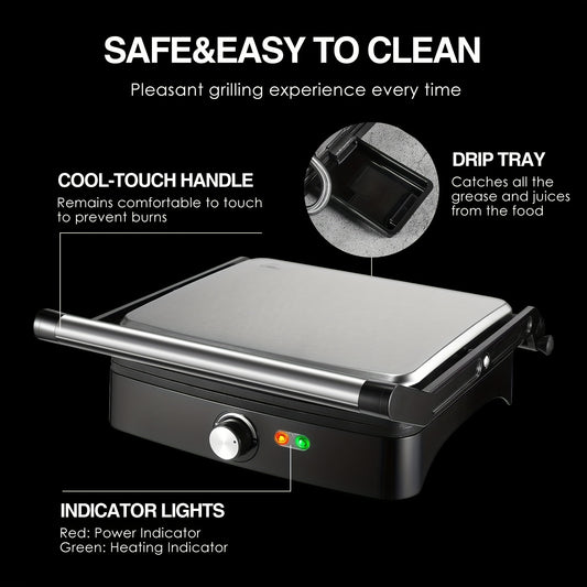Panini Press Sandwich Maker 1200W – 4-Slice Non-Stick Grill with 180° Opening Adjustable Temperature 120–428°F & Removable Drip Tray | Electric Contact Grill for Sandwiches Steaks Burgers Indoor Use