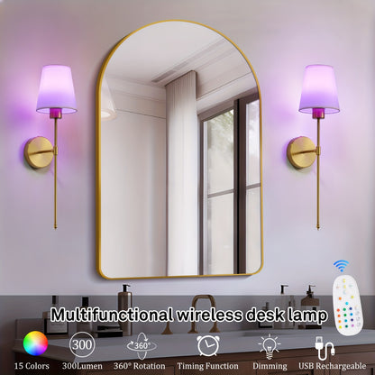 Rechargeable Wall Sconce 2-Pack RGB – 15-Color Dimmable LED Wall Light with Remote Control, 5200mAh Battery, No Wiring for Bedroom, Living Room, Kitchen & Corridor (Gold / Black)