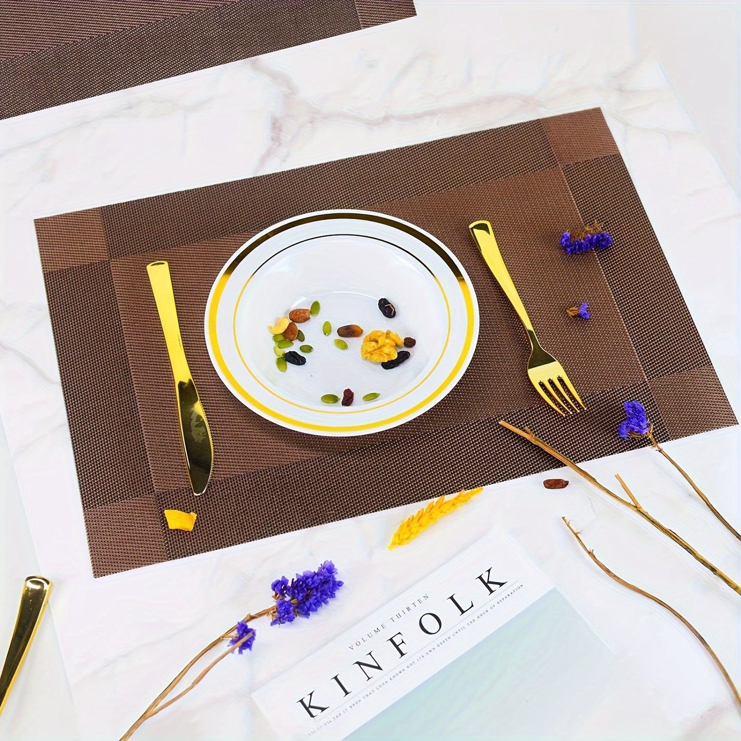 6 Pack, Place Mats for Kitchen Dining Table, Heat-Resistant Anti-Skid Stain Washable PVC Table Mats, Easy to Cleaning Vinyl Dinner Mats(Golden, Brown, Silvery), 11.8inch*17.7inch