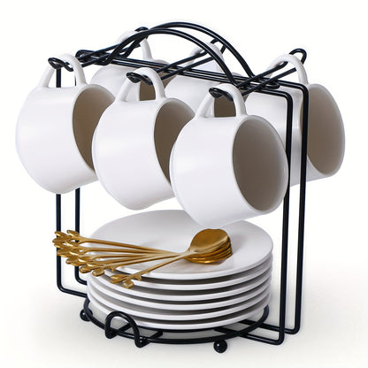 Espresso Cups with Saucers, Spoons, and Metal Stands, 4-ounce Small Ceramic Cappuccino Coffee Cup Set of 6, Cute Teacups with Handles