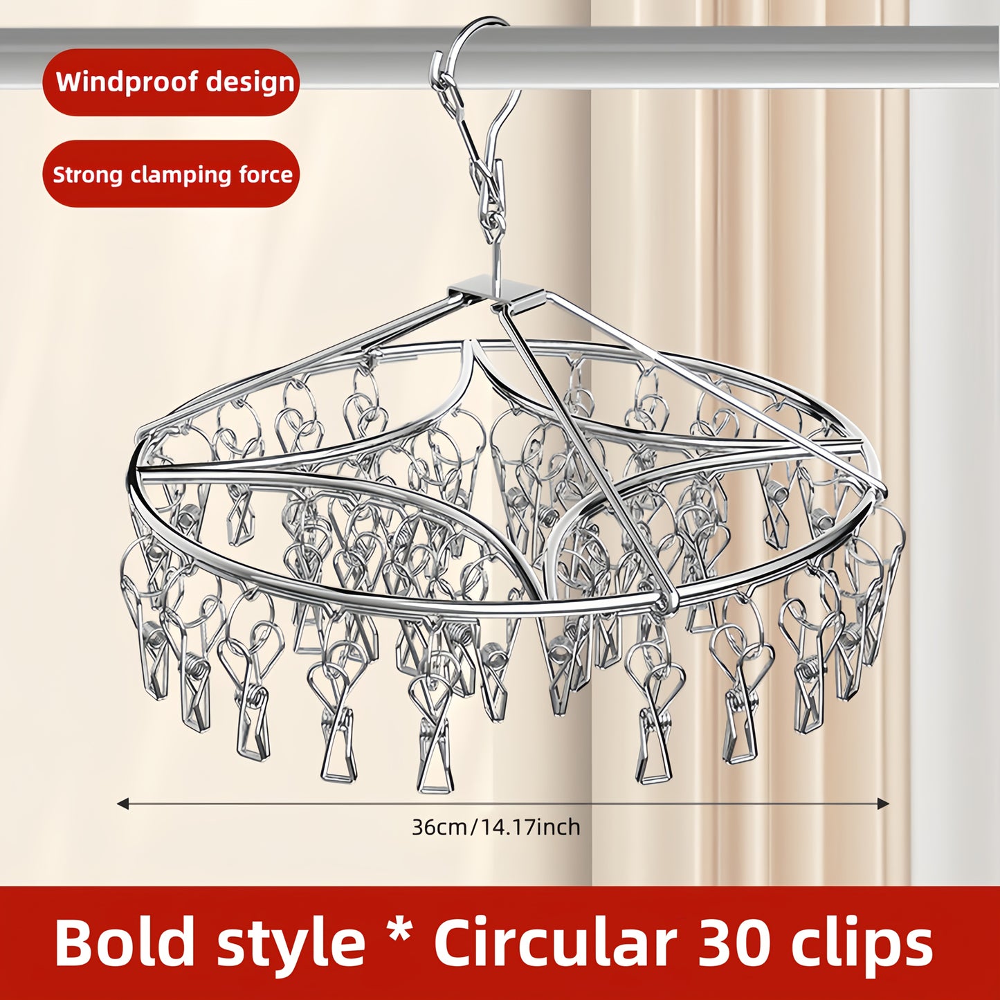 1pc/2pcs, 30-clip Stainless Steel Cooling Hanger, Windproof, Skidproof Hanging Laundry Rack, Suitable for Socks and Underwear, Space Saving Multi-functional Drying Rack, Suitable for Home, Bedroom and Balcony Use., Drying Racks