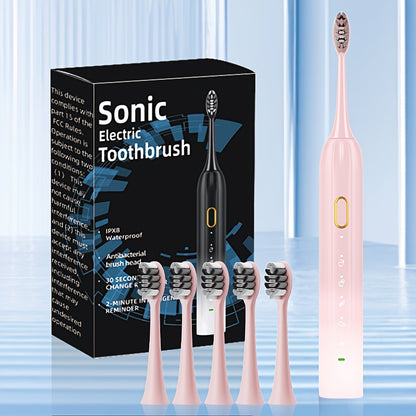IPX8 Sonic Electric Toothbrush, USB Direct Charging, Couple Style with Replaceable Heads, Metal Shaft, for Adults (Men & Women), Rechargeable, Intelligent Timer, Includes 5 Replacement Brush Heads