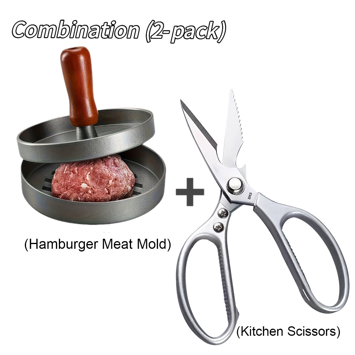2pcs Heavy-Duty Non-Stick Burger Press with Heavy Press Mechanism & Round Patty Maker Mold - Heavy Duty Sharp Cooking Shears Suitable for Beef, Chicken, Fish, Poultry - Hamburger Press for & Professional Kitchens