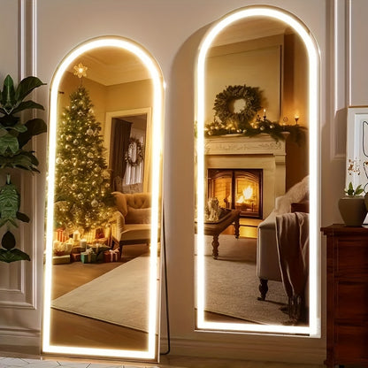 LED Lighted/Not-LED Lighted Full-Length Mirror with Arched/Rect Top - Aluminum Frame Floor-Standing Dressing Mirror for Bedroom & Living Room, Black/Golden/White