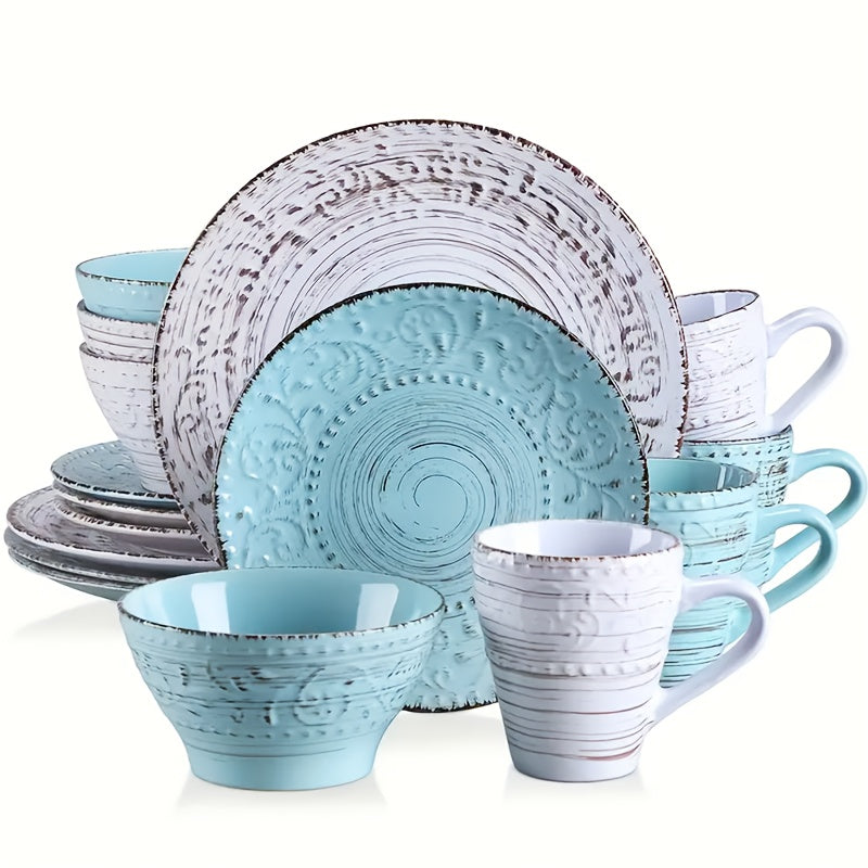 16pcs Dinnerware Set Service for 4, Blue & Coffee Color Stoneware Set, Bowls Set, Dishes Set, Including Dinner Plates, Dessert Plates, Salad Bowls And Mugs. Chip & Scratch Resistant. Dishwasher & Microwave Safe. Gifts for Weddings & Anniversaries