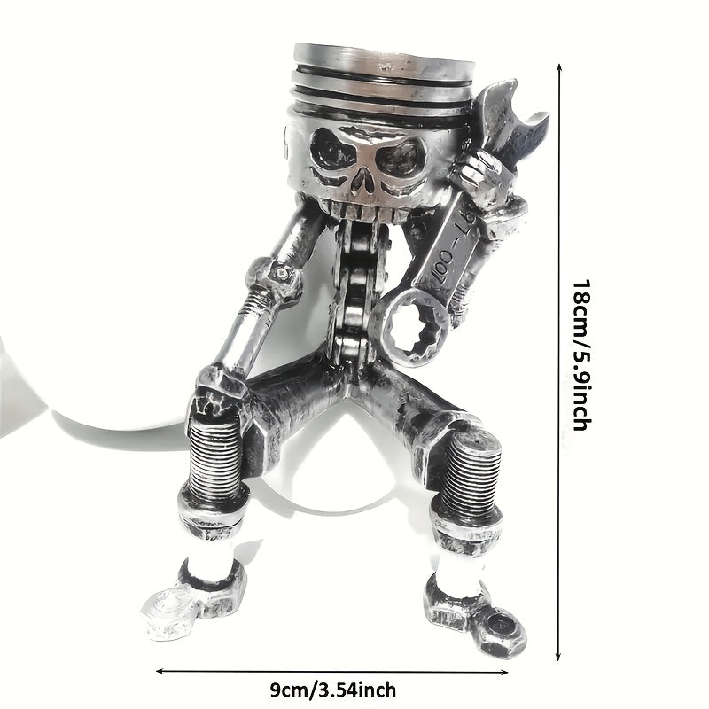Hand-Painted Industrial Gothic Decor - Mechanical Piston Skull Sculpture with Holding a Wrench, Non-Electric Desk Decoration for Garage, Office, for Man Cave - Perfect Gift for Engineers, Car Lovers, Mechanics - Durable Resin Construction, Garage Decor, S
