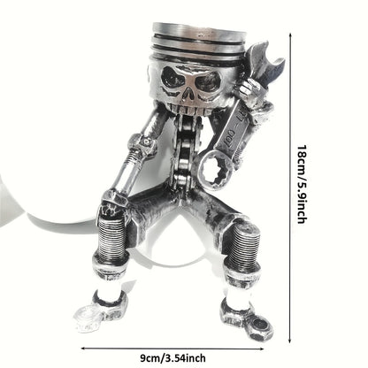 Hand-Painted Industrial Gothic Decor - Mechanical Piston Skull Sculpture with Holding a Wrench, Non-Electric Desk Decoration for Garage, Office, for Man Cave - Perfect Gift for Engineers, Car Lovers, Mechanics - Durable Resin Construction, Garage Decor, S
