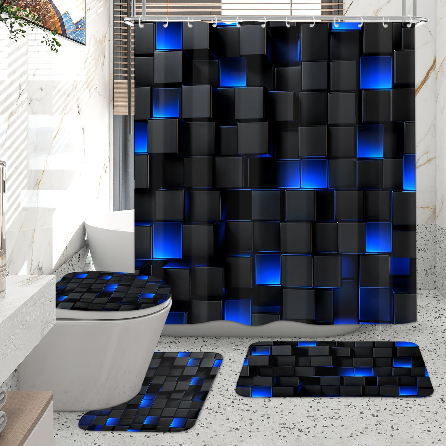 Complete Bathroom Set Featuring a Dark Blue Geometric Design, Including a Blue-Black Shower Curtain, 12 Hooks, a, And a Seat Cover, All with a Modern Abstract Cube Pattern