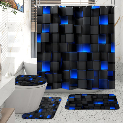 Complete Bathroom Set Featuring a Dark Blue Geometric Design, Including a Blue-Black Shower Curtain, 12 Hooks, a, And a Seat Cover, All with a Modern Abstract Cube Pattern
