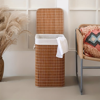 1pc Foldable Bamboo Laundry Basket with Collapsible Frame - Rattan Clothes Hamper, Space-Saving Rectangular Storage Bin for ' Room,, Dorm, Bathroom Organization (Easy Assembly), Laundry Baskets
