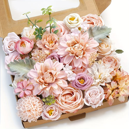 Artificial flower box set with artificial flowers, used for DIY center piece cake decoration, wedding bouquet, boutique, home decoration (pink) Valentine's Day Spring