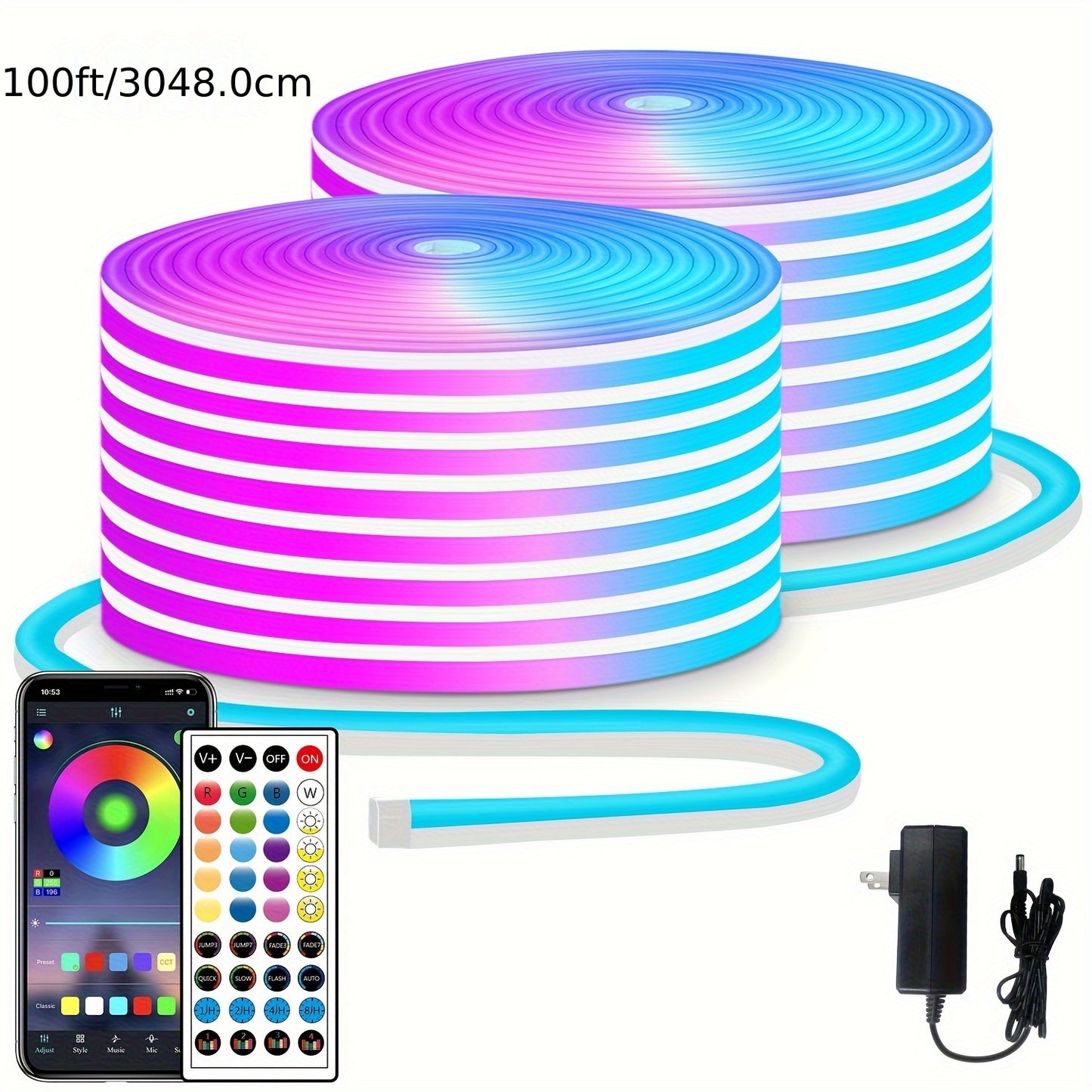 Neon Rope Lights 100ft RGB LED with App & Remote Control, 2 Rolls of 50ft Flexible Neon LED Strip, 24V Safe Low Voltage, for Bedroom, Room Decor, Gaming Setup, Indoor Accent & Holiday Lighting