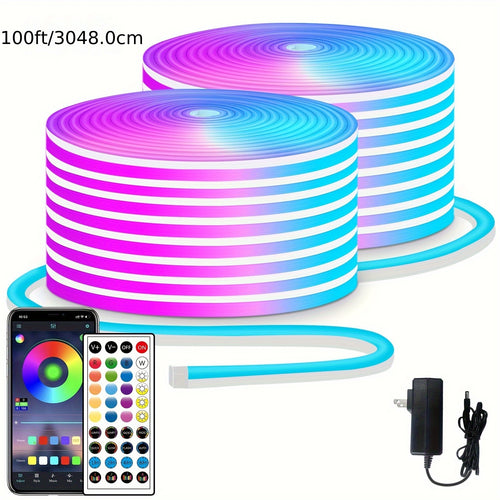 Neon Rope Lights 100ft RGB LED with App & Remote Control, 2 Rolls of 50ft Flexible Neon LED Strip, 24V Safe Low Voltage, for Bedroom, Room Decor, Gaming Setup, Indoor Accent & Holiday Lighting