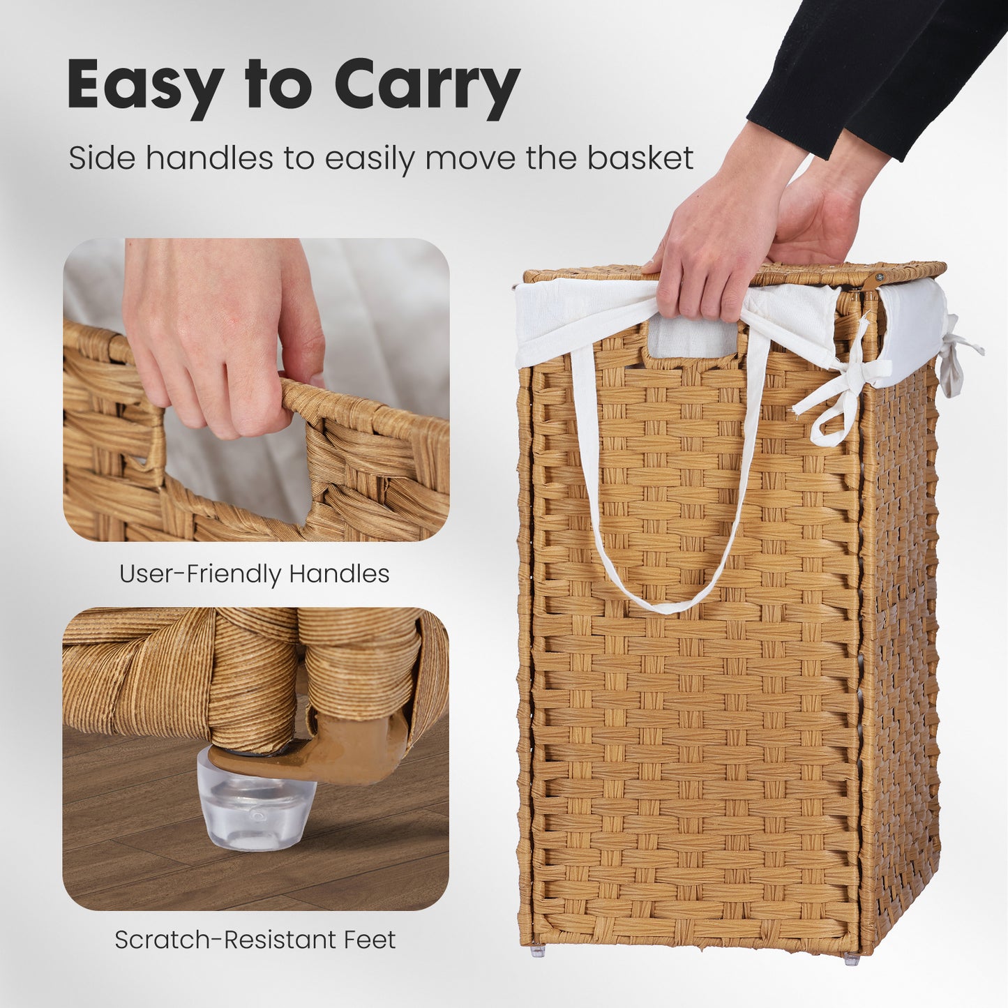 MCQ Sturdy & Stylish Laundry Hamper – Large Capacity Collapsible Rattan Storage Box with Lid Handles and Removable Liner, Sturdy Portable Woven BasketFoldable, Breathable for Home & Dorm