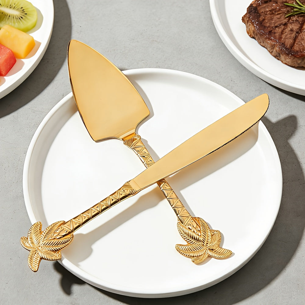 2pcs Golden Rose - Handle Tableware Set, Exquisite Cake Knife And Spatula Gift Box, High-End Food Service Equipment Supplies, Ideal Western-Style Tableware for Gifting
