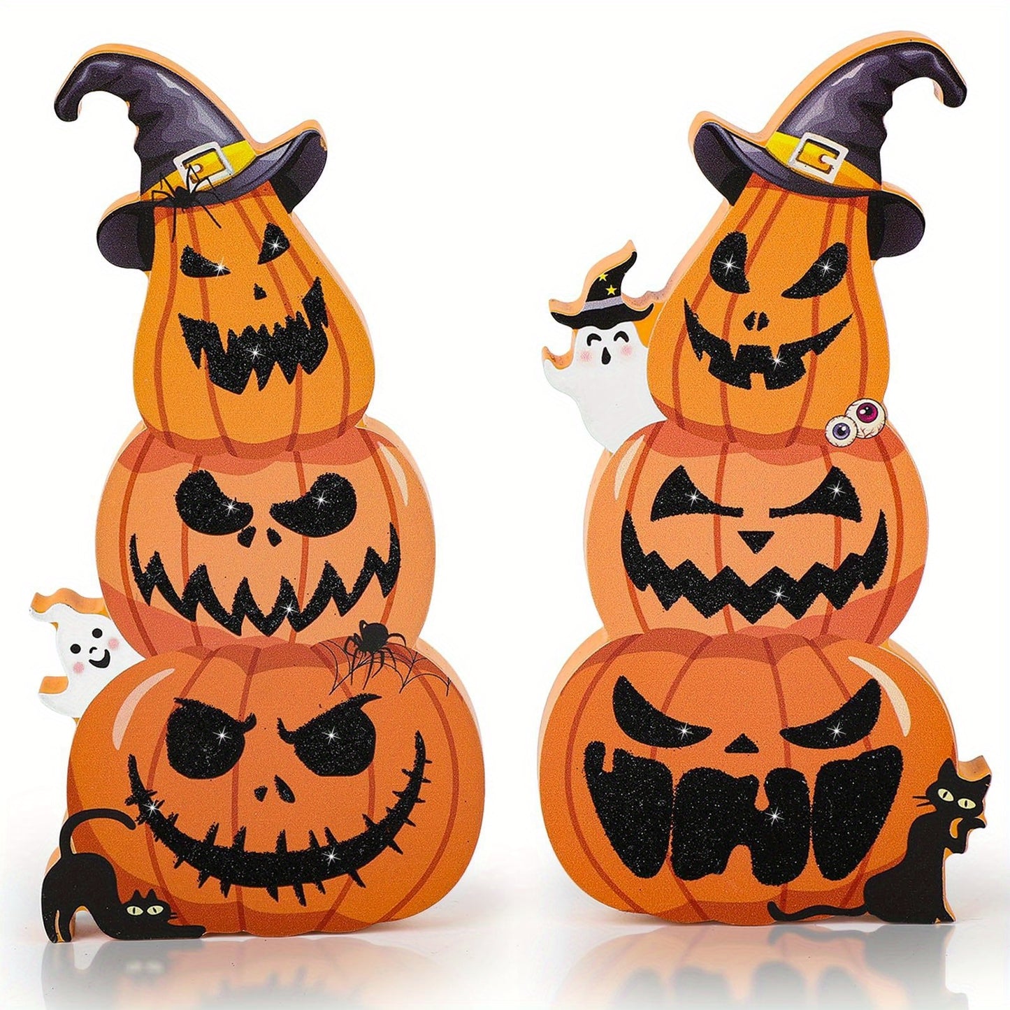 Set of 2 Adorable Halloween Tiered Trays Featuring a Glittery Wooden Pumpkin Stack Topped with a Witch'S Hat. Includes a Ghostly Witch Hat, Perfect for Halloween Pumpkin-Themed Centerpieces, Autumn And Winter Home Decoration (Non-Food Contact)