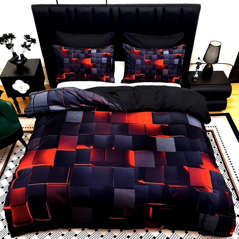 3pcs Cool Tech Digital Print Duvet Cover Set for All Seasons, Available in Red And Blue, in Four Sizes (Twin, Double, Queen, King) (1 Fitted Sheet + 1/2 Pillowcase, No Filling)