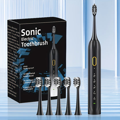 IPX8 Sonic Electric Toothbrush, USB Direct Charging, Couple Style with Replaceable Heads, Metal Shaft, for Adults (Men & Women), Rechargeable, Intelligent Timer, Includes 5 Replacement Brush Heads
