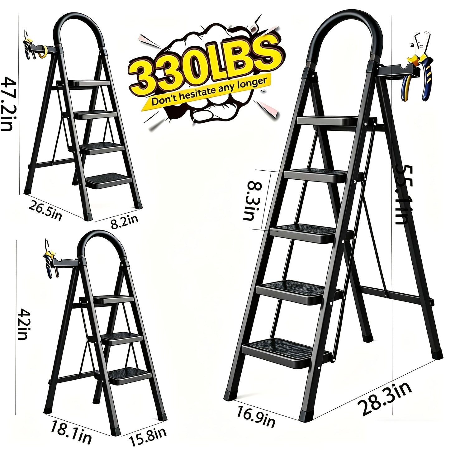 Step Ladder, Folding 2/3/4/5 Step Stool with Wide Anti-Slip Pedal, Sturdy Steel Ladder, Convenient Handrail & Small Storage Slot, Rust-Resistant Material, Lightweight, Portable Step Stool, Suitable for Home, Kitchen, Office Use, Free Gloves&Foot Pad