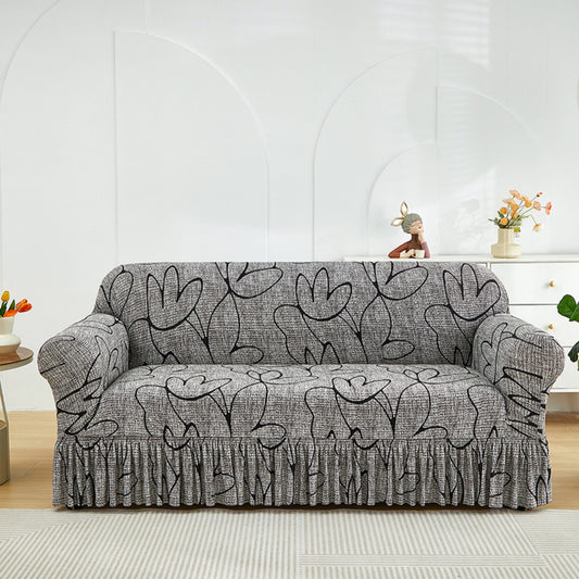Printed Sofa Cover with Skirt Elastic Four Seasons Universal Furniture Protective Slipcover for Bedroom Office Living Room - 1 2 3 4 Seater Gray