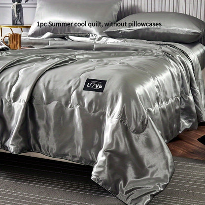 1pc Ultra-Soft Cooling Satin Quilt - Light Gray, Breathable & Smooth Summer Bedding for Home, Dorm, or Hotel Use, Machine Washable, Pillowcase Not Included, Contemporary Style, Dorm Room Essentials | Modern Bedroom Decor | Satin Weave Quilt