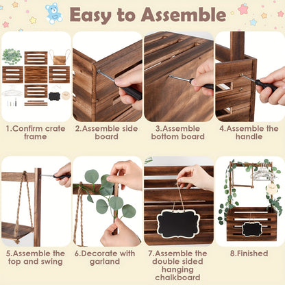 Wooden Shower Crate Gift Set With Handle And Garland - Large Storage Basket Organizer For Gifts, Pregnancy Announcement, Christmas Party Decor