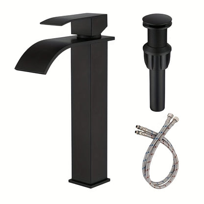 Waterfall Bathroom Faucet Single Handle - Modern Sink Faucet with Valve, Chrome & Matte Black & Brushed Nickel & Brushed Gold Finish, 1 or 3-Hole Deck Mount, G9/16 Threads, Water Supply Lines Included