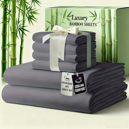 6pcs Luxury Bamboo Cooling Bed Sheet Sets - Viscose Derived From Bamboo Sheets Queen/King Size - Luxuriously Ultra Soft & Breathable Bedding Sheet Set - Deep Pocket Fitted Sheet with Bamboo Texture, Wrinkle-Resistant Soft Sheets