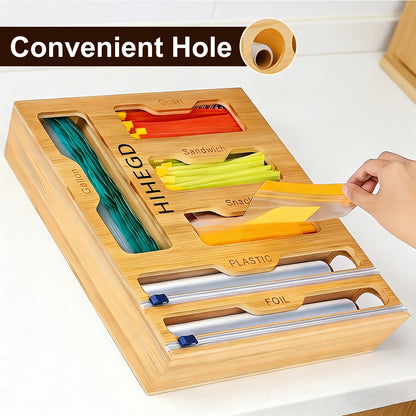 Bamboo Wrap Dispenser 6-in-1 Kitchen Organizer – Built-In Cutter, 6-Grid Storage Box for Plastic Wrap, Aluminum Foil & Bags, Space-Saving Drawer Organizer for Pantry & Kitchen Counter