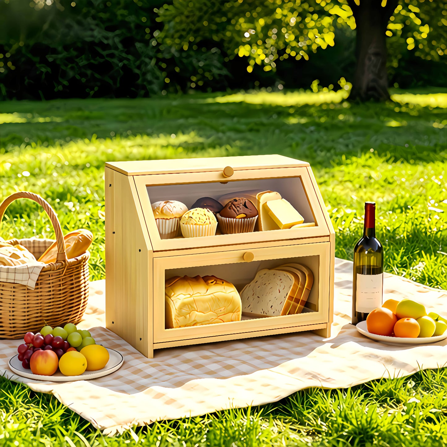 Layer Bread Storage Box | Kitchen Countertop Bread Box with Transparent Window | Large-Capacity Food Storage Container
