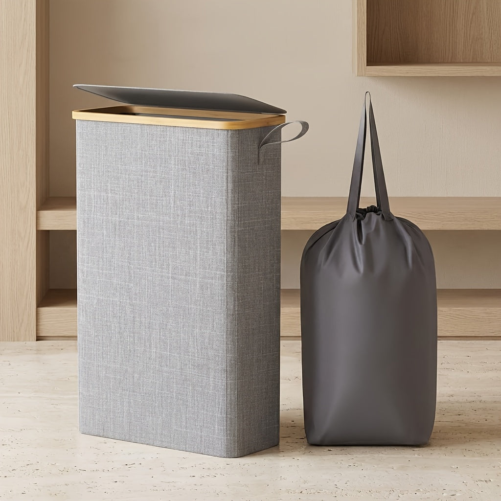 Slim Laundry Hamper With Lid, Narrow Laundry Basket With Removable Bag & Bamboo Handles, Fodable Thin Dirty Clothes Hamper, Laundry Collapsible Bin For Bathroom Bedroom Dorm, Room Decor, Storage And Organization, 13.21gal/17.17gal/19.81gal, Laundry Hamper