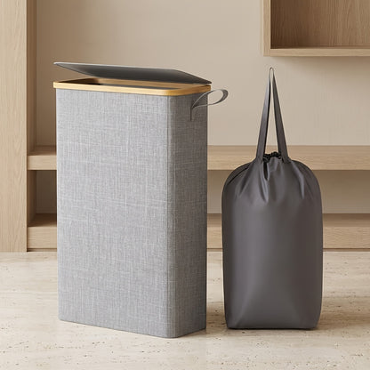 Slim Laundry Hamper With Lid, Narrow Laundry Basket With Removable Bag & Bamboo Handles, Fodable Thin Dirty Clothes Hamper, Laundry Collapsible Bin For Bathroom Bedroom Dorm, Room Decor, Storage And Organization, 13.21gal/17.17gal/19.81gal, Laundry Hamper