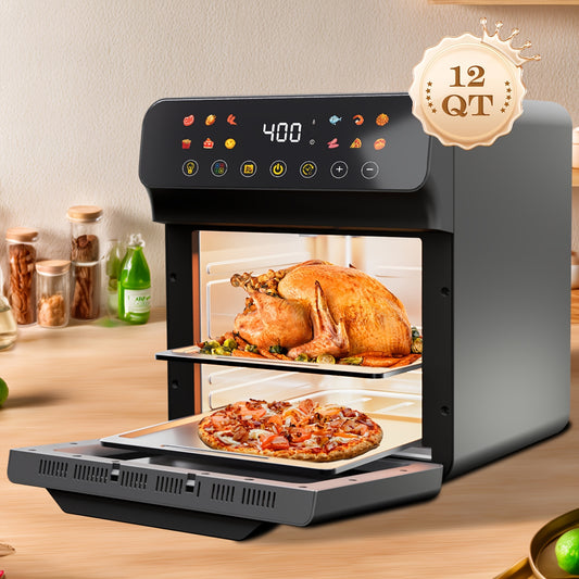 Air Fryer Convection Oven 12QT – 12-in-1 Multi-Function, Touchscreen, Visible Window, Oil-Free Non-Stick Basket, One-Touch Operation, Baking, Roasting, Dehydrating & Fast Cooking