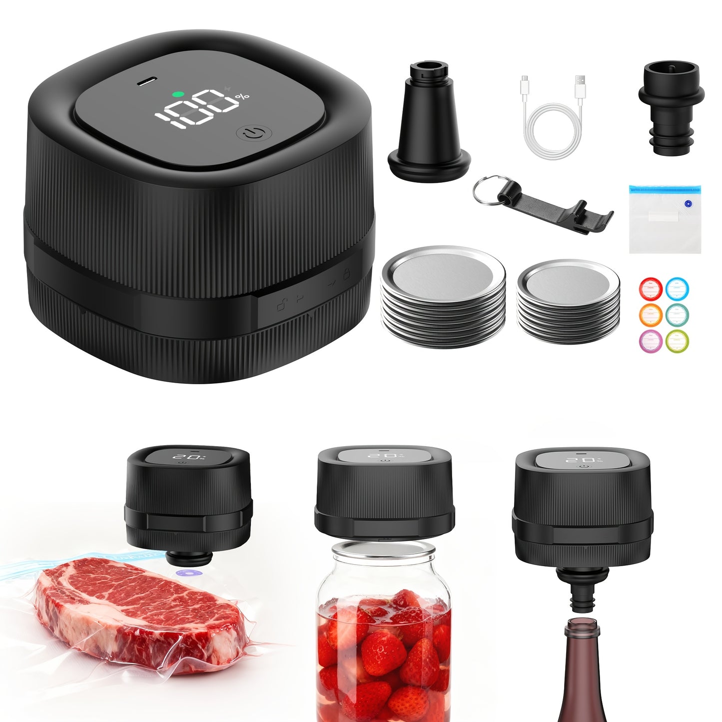 3-in-1 Electric Jar Vacuum Seale-Food Storage Vacuum Sealer For Home Preservation, One-Button Operation, Leak-Proof Seal, With14pcs Sealing Lids, Wine Plug, Vacuum Port, Vacuum Bag, 6pcs Stickers, Bottle Opener.Fits Regular/Wide Jars